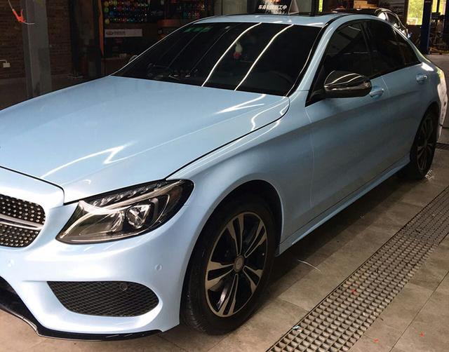 奔驰c200车身改色马卡龙爵士蓝贴膜效果图