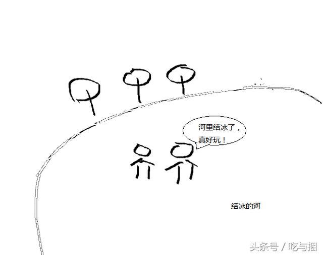 两个小朋友在结冰的河上玩,玩着玩着就有点冷,于是就去找些柴火在冰上