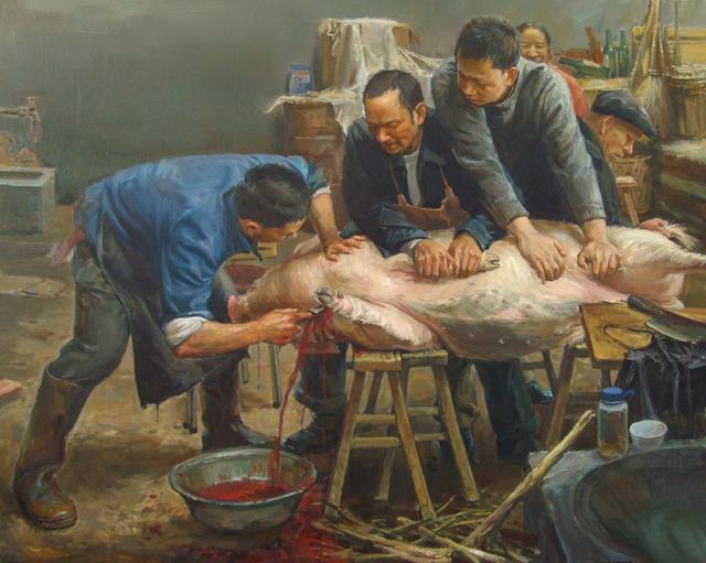 因此,杀猪就要请三四个年轻力壮的小伙子前来帮忙.