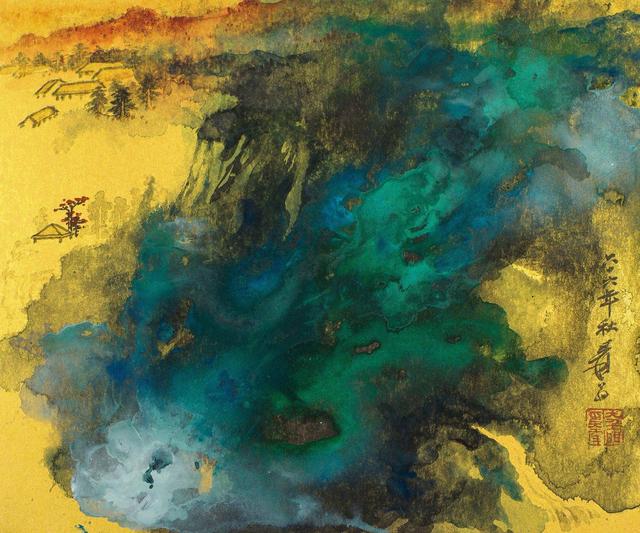 张大千泼彩山水画欣赏:色墨交融,艳而不俗