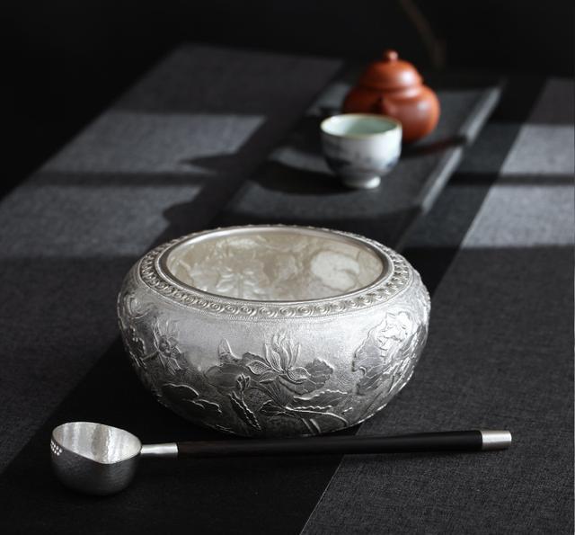 纯银手工荷花茶钵 茶道水盂集玩赏实用收藏于一体