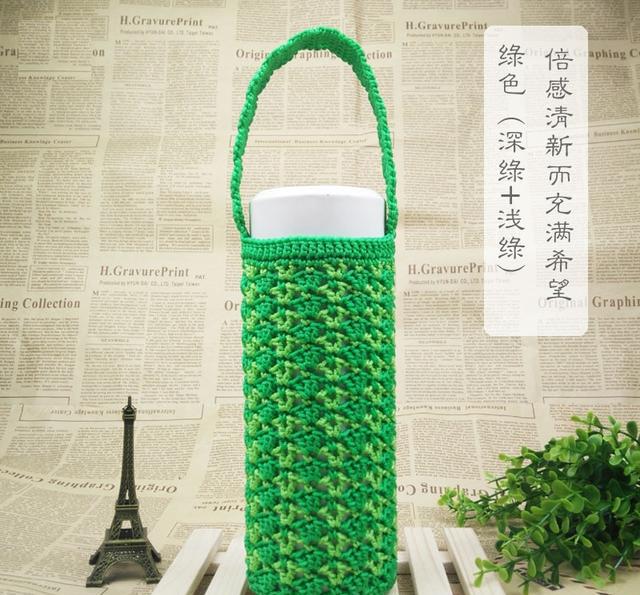 手工钩针编织~深绿 浅绿密实耐用杯子套,清新而充满希望的感觉!