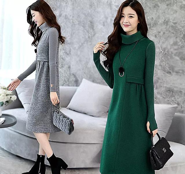 2017新款冬季加厚毛呢连衣裙女秋冬款气质针织中长款裙子潮