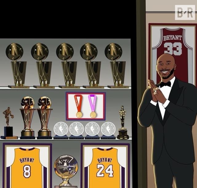 这是科比一切的荣誉的小柜子,我们能够数一数奖项,哪一项是你知道的