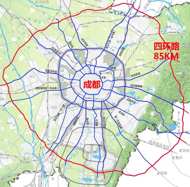 成都的四环路全程85公里,天府绿道全长是成都绕城高速四环路周长的