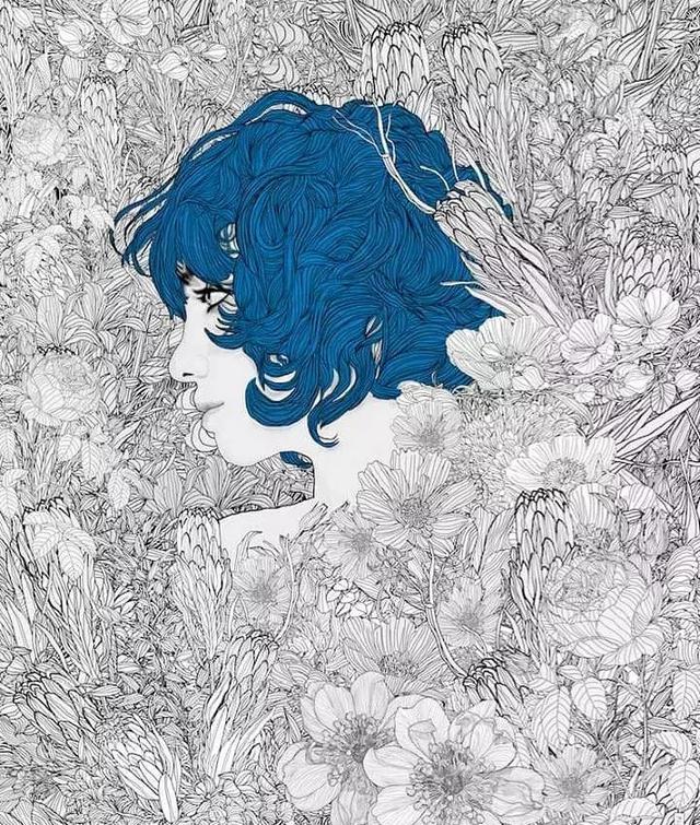 插画丨他把手绘线描画活了女神们在花丛中优雅重生
