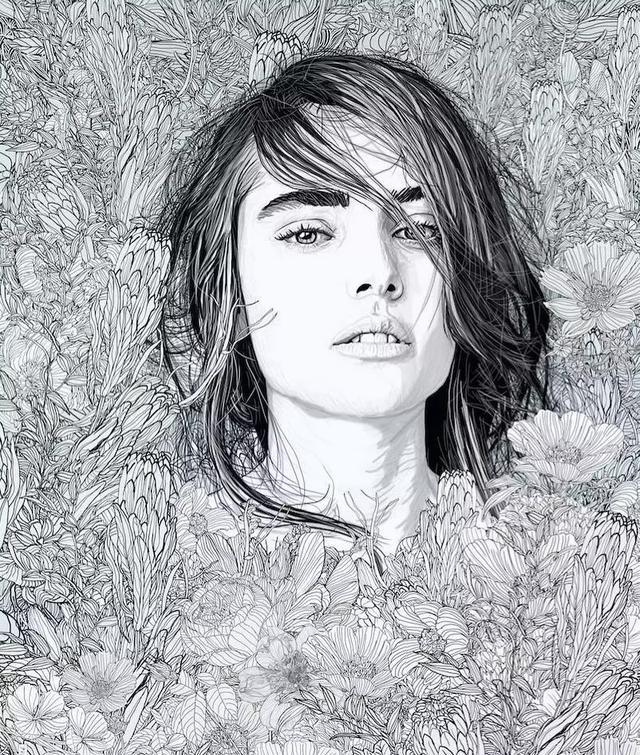 插画丨他把手绘线描画活了女神们在花丛中优雅重生