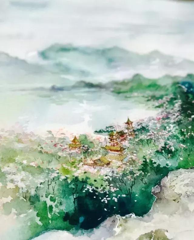 古风美景水彩插画林花扫更落径草踏还生