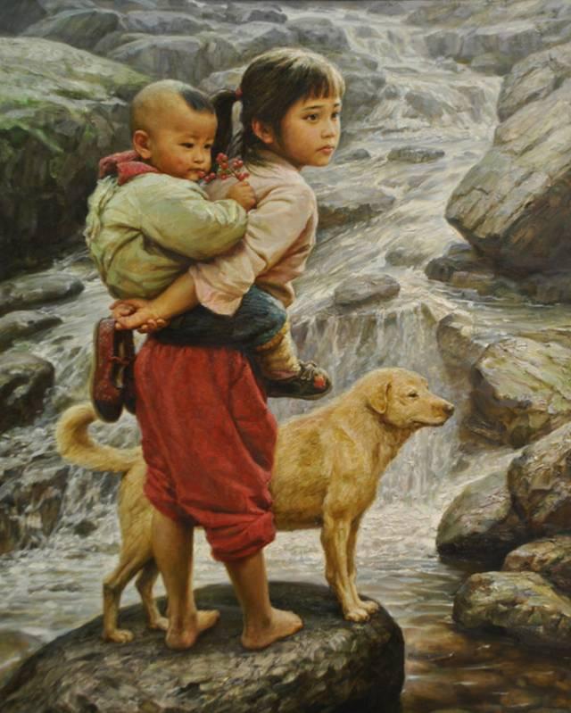 乡土民俗油画,姐弟情深,过年恋家的你,该回家了!