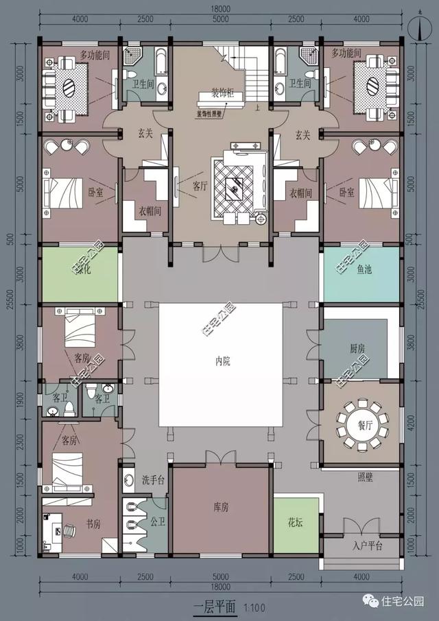 农村自建中式合院,18x25米占地面积,池塘玄关大庭院一个不落!