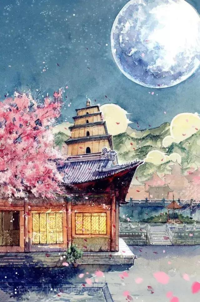 古风美景水彩插画林花扫更落径草踏还生