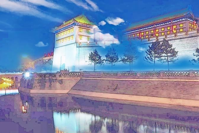 西安明城墙二次元照片走红,夜景照片秒变蓝天白云