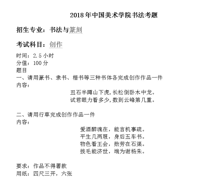 2018年,国美书法艺考考题,你能得几分