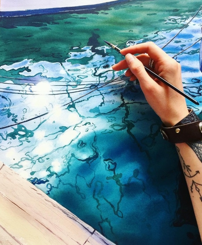 水彩手绘~逼真的水面|julia barminova