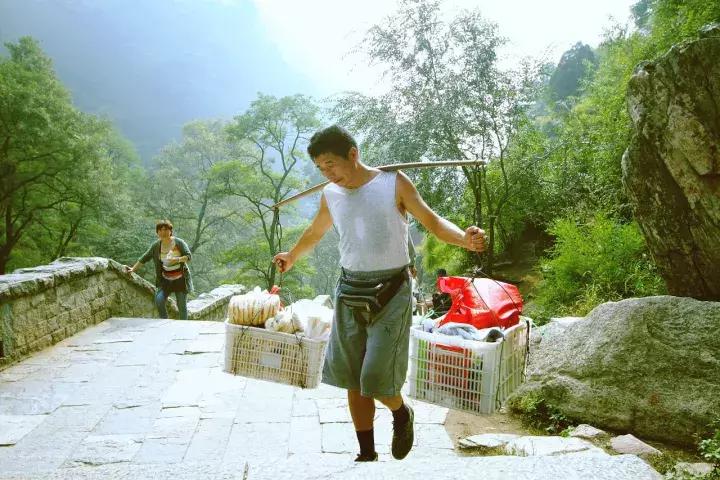 泰山旅游挑山工一肩挑着风雨一肩挑着人生