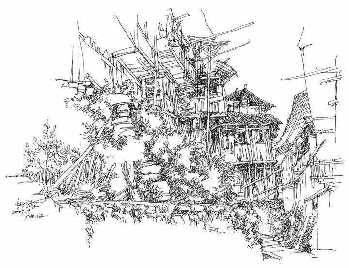 插图:夏克梁钢笔画一片冰心出处:王昌龄《芙蓉楼送辛渐》寒雨连江夜入