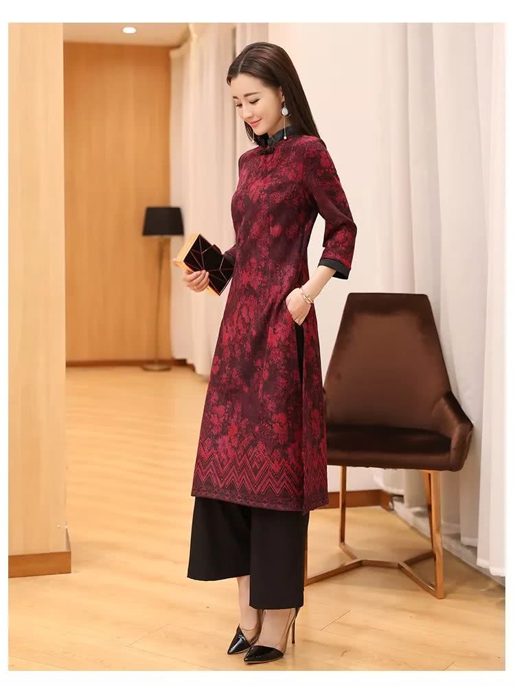 中式改良旗袍连衣裙中长款七分袖修身显瘦印花旗袍裙两件套