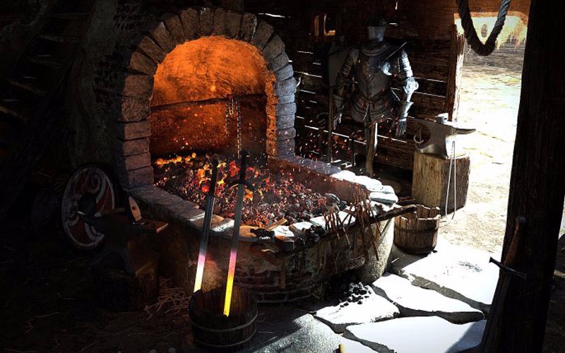 一个正在使用的焦炭炉有一个好的加热炉对铁匠来说是至关重要的,因为