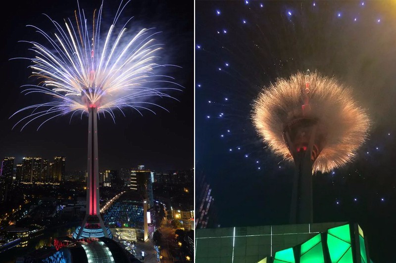 国内首次!339米高塔上演环保无污染电子烟花秀