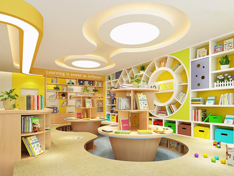 读书阅览室,采用温馨的暖黄色设计,让孩子们在读书的同时,享受远离
