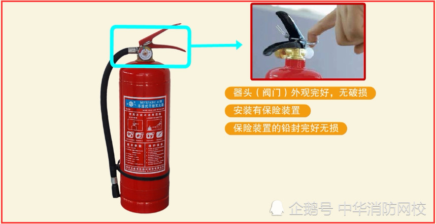 灭火器器头(阀门)外观完好,无破损,并安装有保险装置,保险装置的铅封