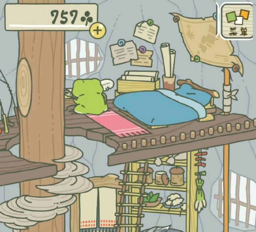 抛却了复杂的地图,旅行青蛙的页面除了一个石头洞的小屋,就是房子外面