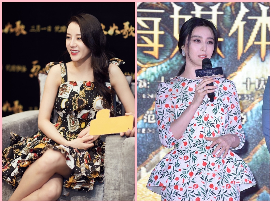 迪丽热巴和范冰冰同穿碎花裙装扮,如歌脸和妲己脸一目了然!