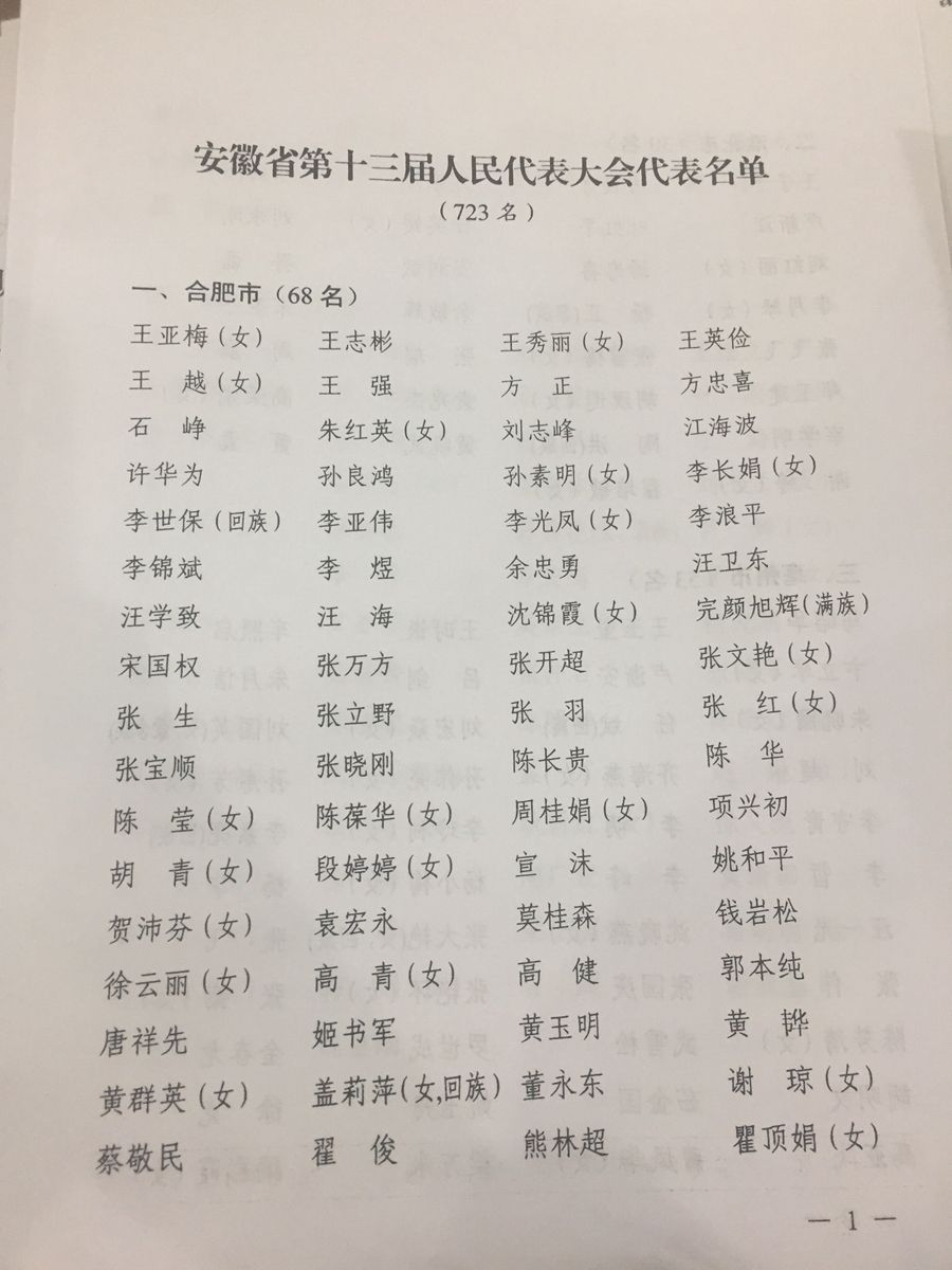 安徽省第十三届人民代表大会代表名单