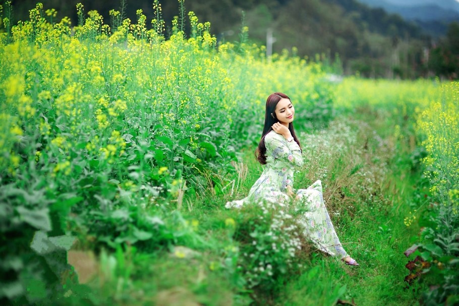 油菜花地里一个清秀美丽的裙装姑娘!