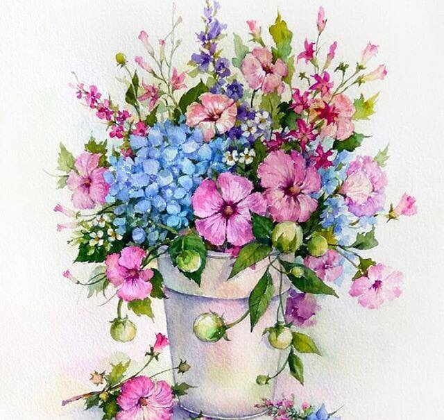水彩手绘清爽的植物插花色彩搭配很温馨