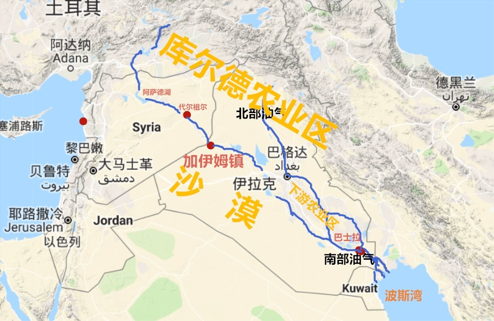 伊拉克虽然拥有阿拉伯河,但是出海口仅在东南端位于波斯湾头的一小段