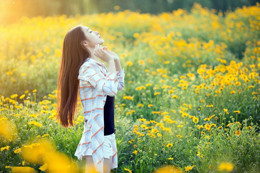 一个在金黄色野菊花边的清秀美丽女孩