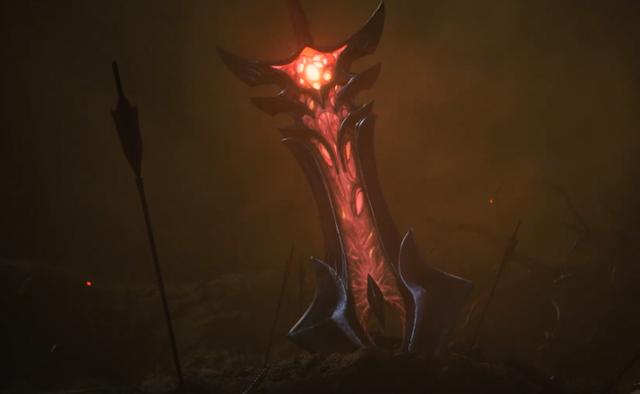 视频开始魔剑插在一片满是烟雾的战场之中,剑柄处有一颗心脏跳动,整把