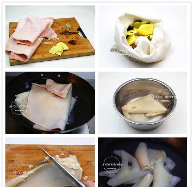 第五步:左手按住猪皮的一条,右手用菜刀将肉皮上残留的肥肉刮干净