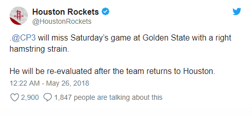 突发!火箭:保罗腿筋受伤缺席VS勇士第6场 戈登