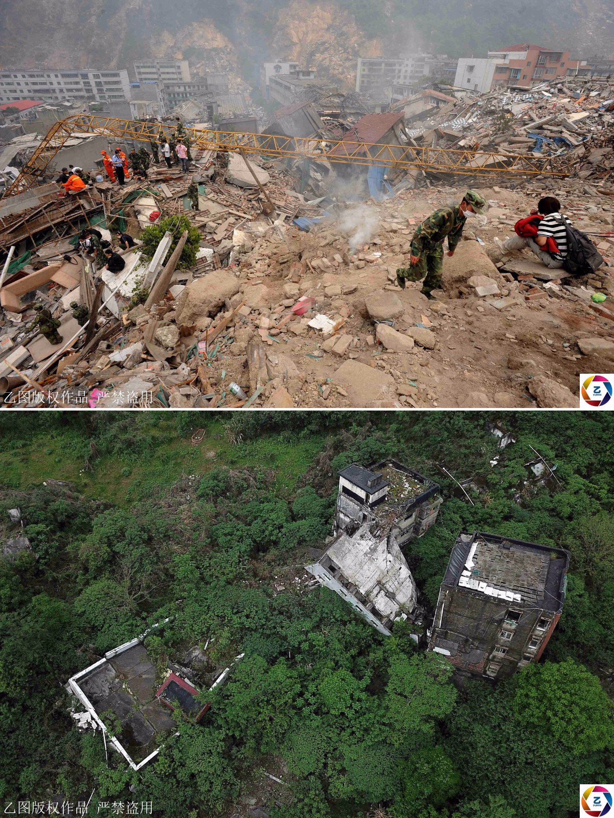 图为北川县城地震发生后很多地方成为平地,如今这些地方已经长满灌木