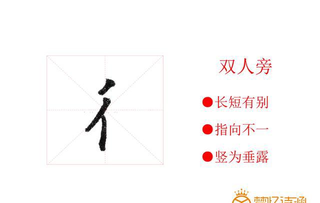 二,双人旁由短斜撇和垂露竖组成,竖画须写直,起笔交于斜撇中位略偏下