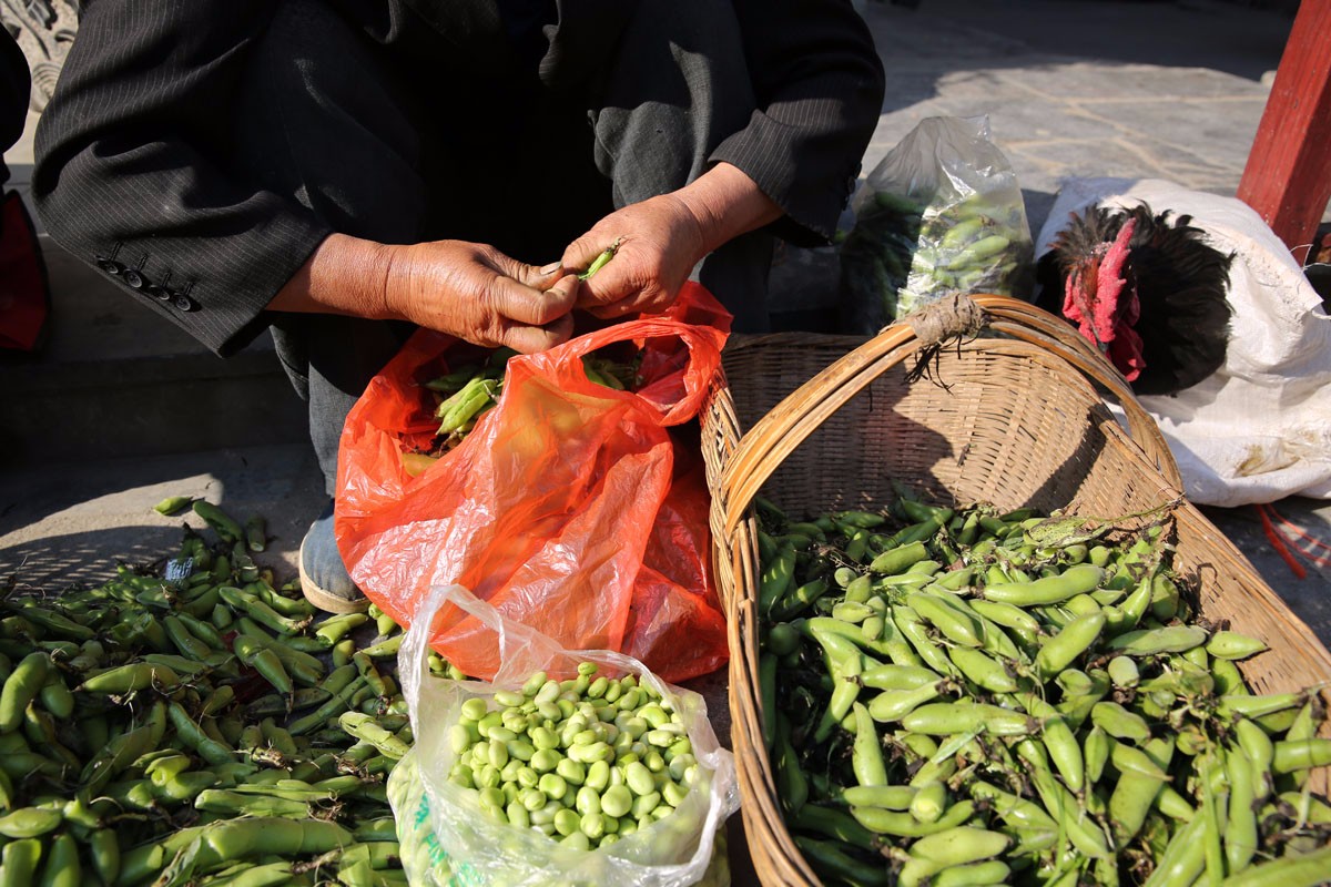 农民进城摆地摊卖自家菜 新鲜原生态