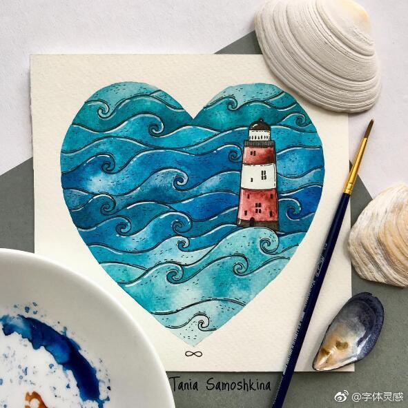 心形水彩画 ins;tania_samoshkina
