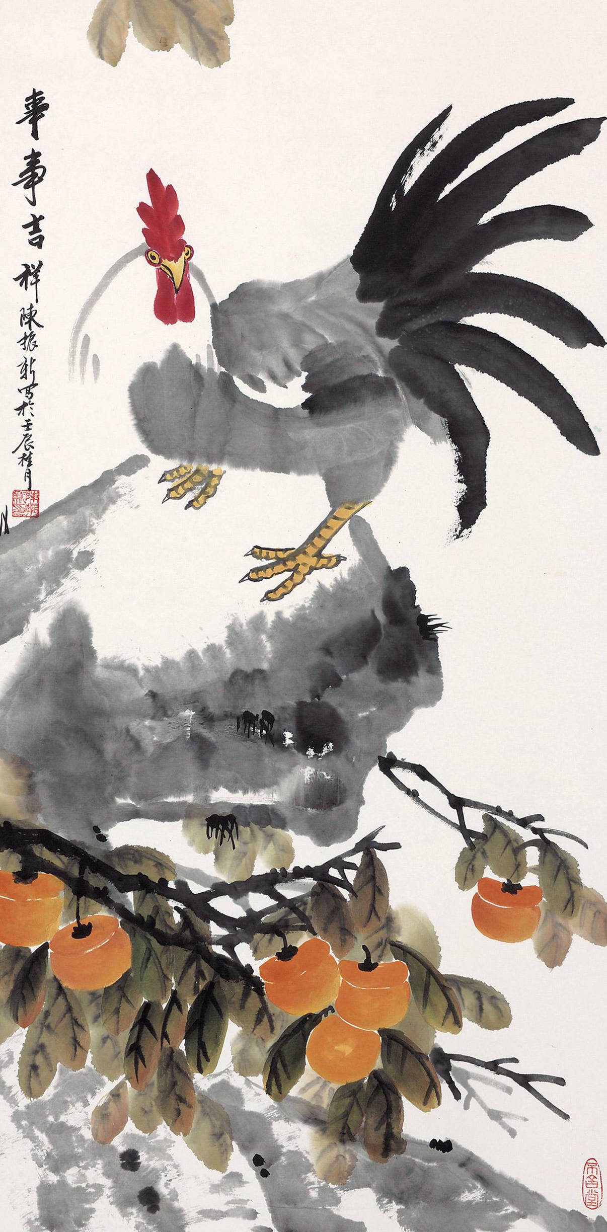 唐寅《画鸡》 67头上红冠不用裁,满身雪