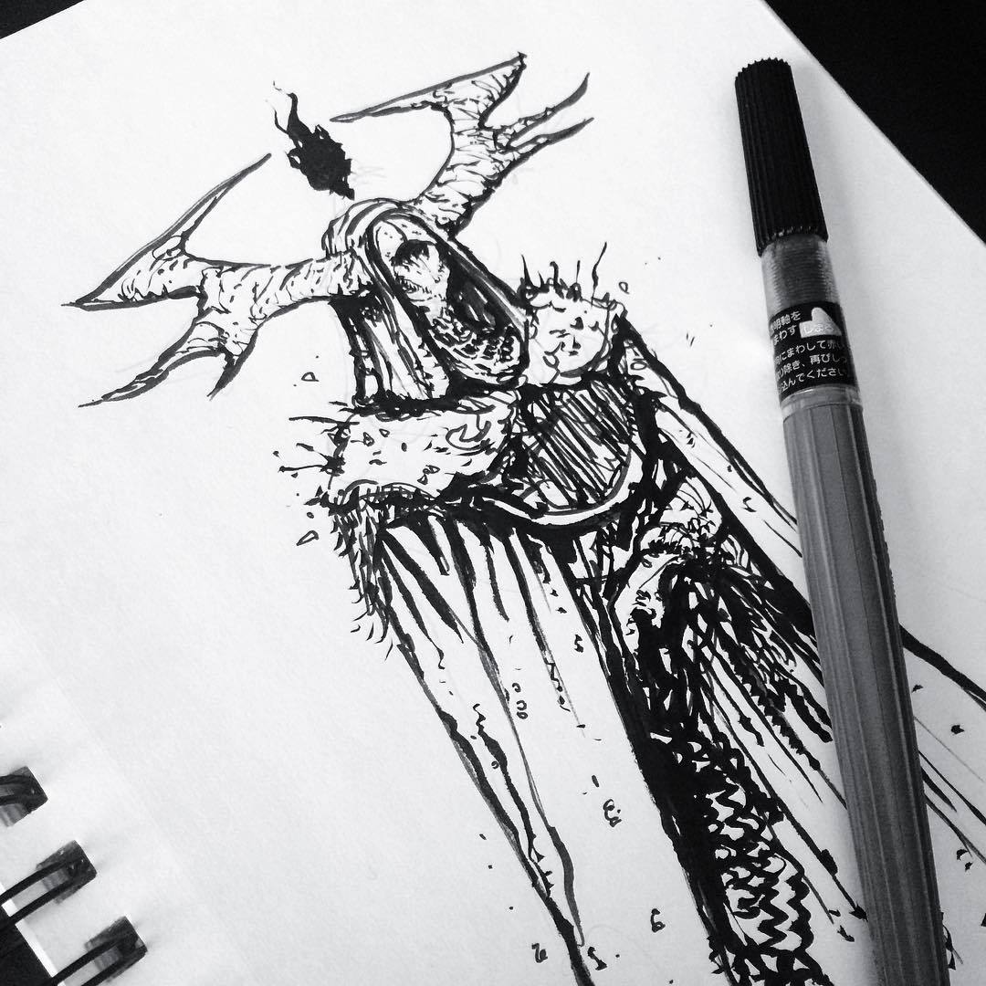 犄角恶魔黑白插画