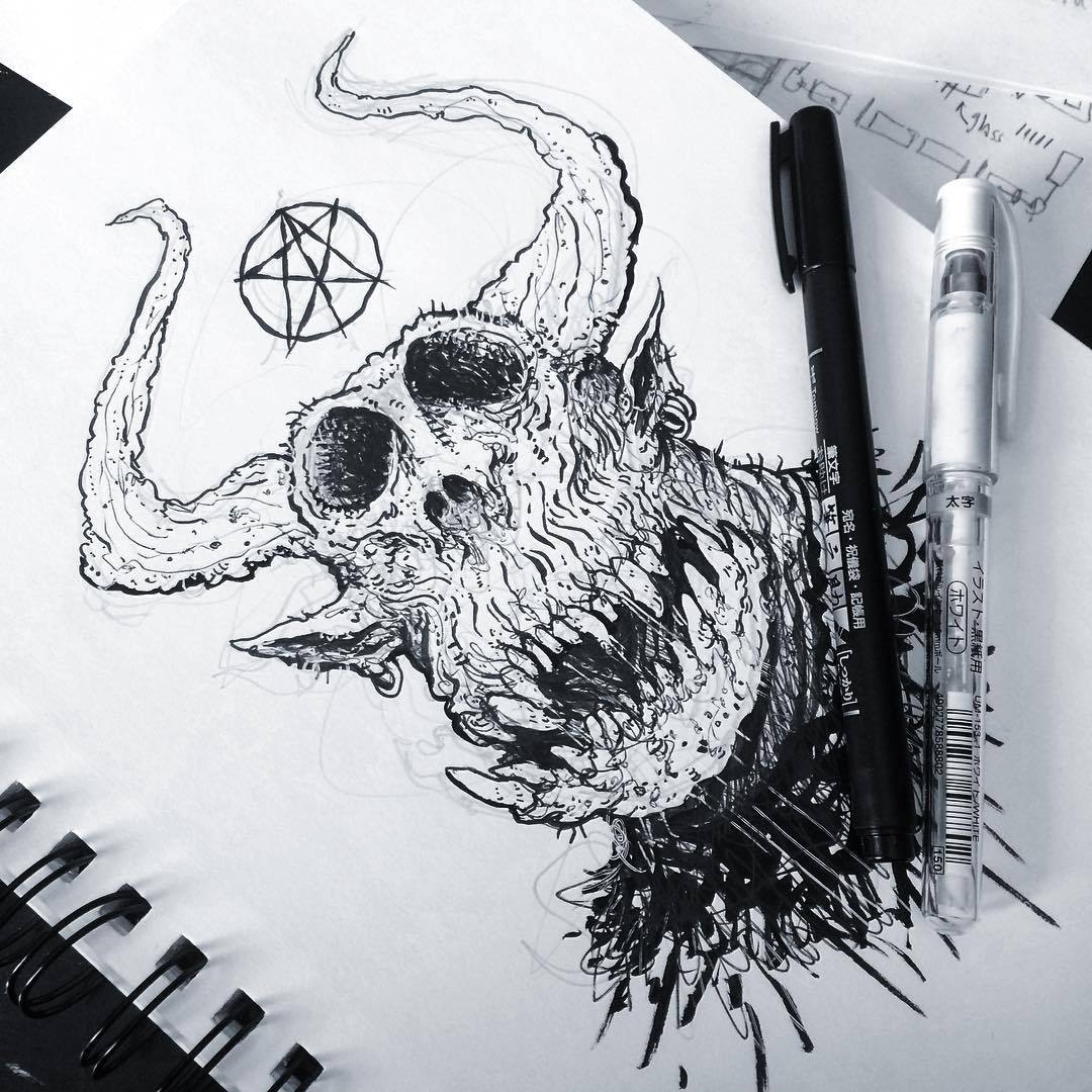 犄角恶魔黑白插画