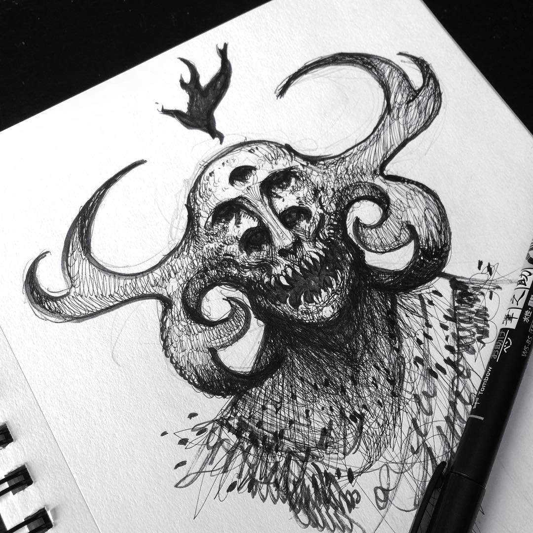 犄角恶魔黑白插画