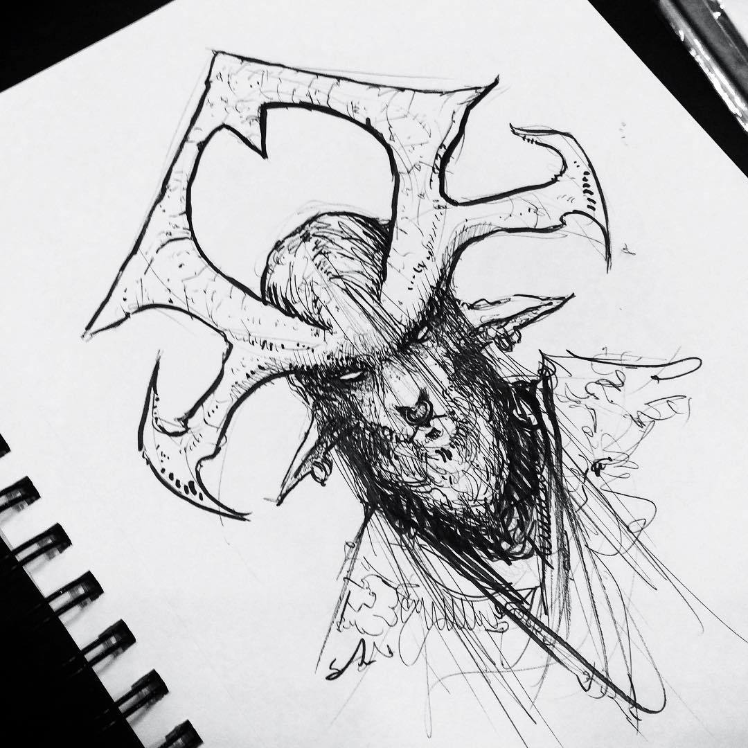 犄角恶魔黑白插画