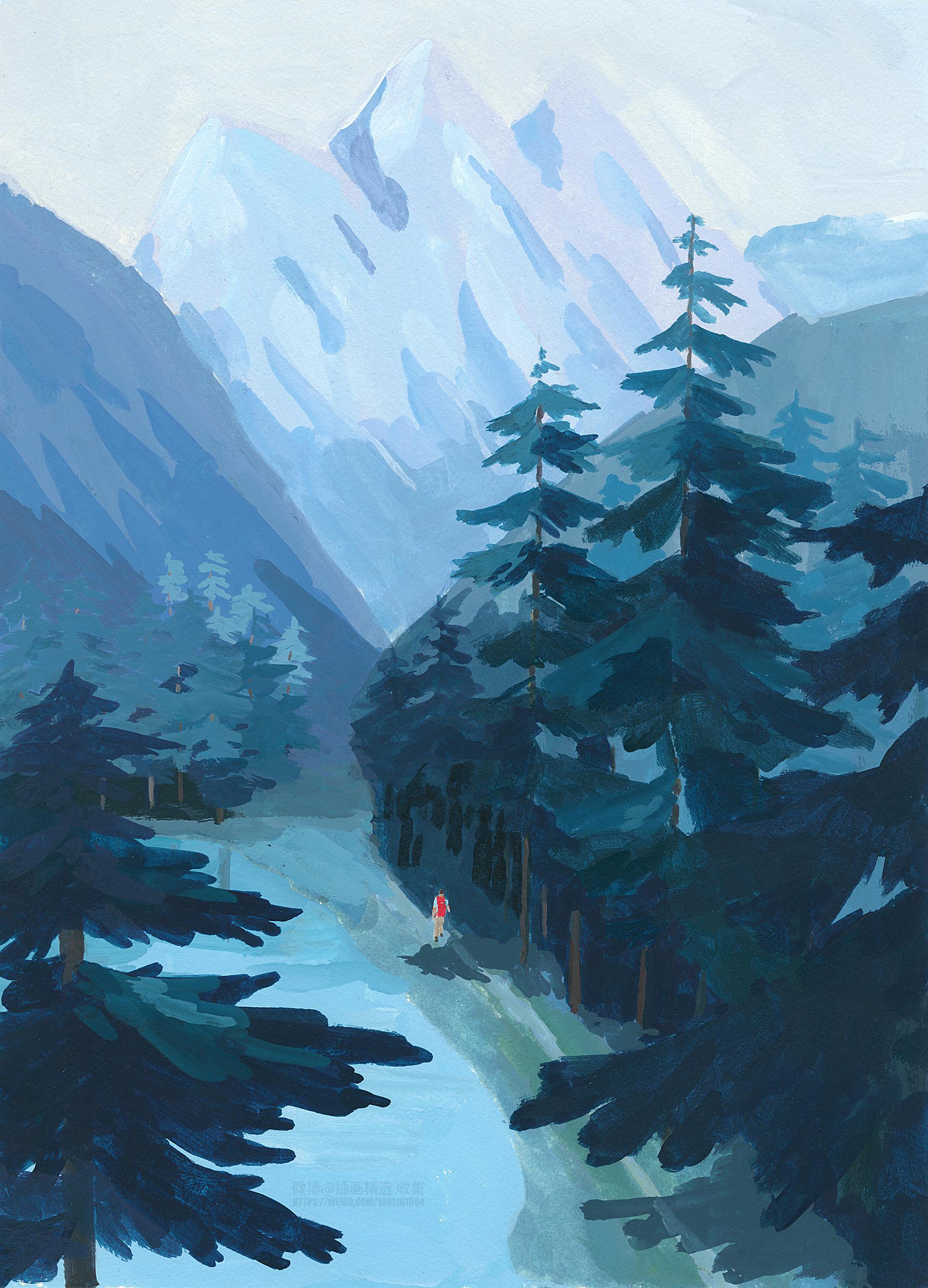 一组由日本画师naokiando绘画的风景主题作品一个人旅行的风景