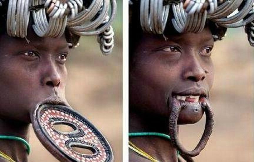 非洲奇葩部落,在姑娘嘴里塞盘子,盘子越大身价越高,不敢想象