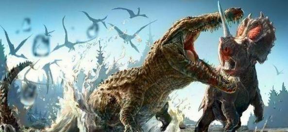 图注:正在攻击尖角龙的恐鳄,图片来自网络恐鳄(学名:deinosuchus),体