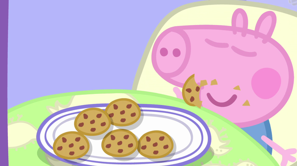 乔治喜欢吃巧克力饼干可是猪妈妈不让他躺在床上吃