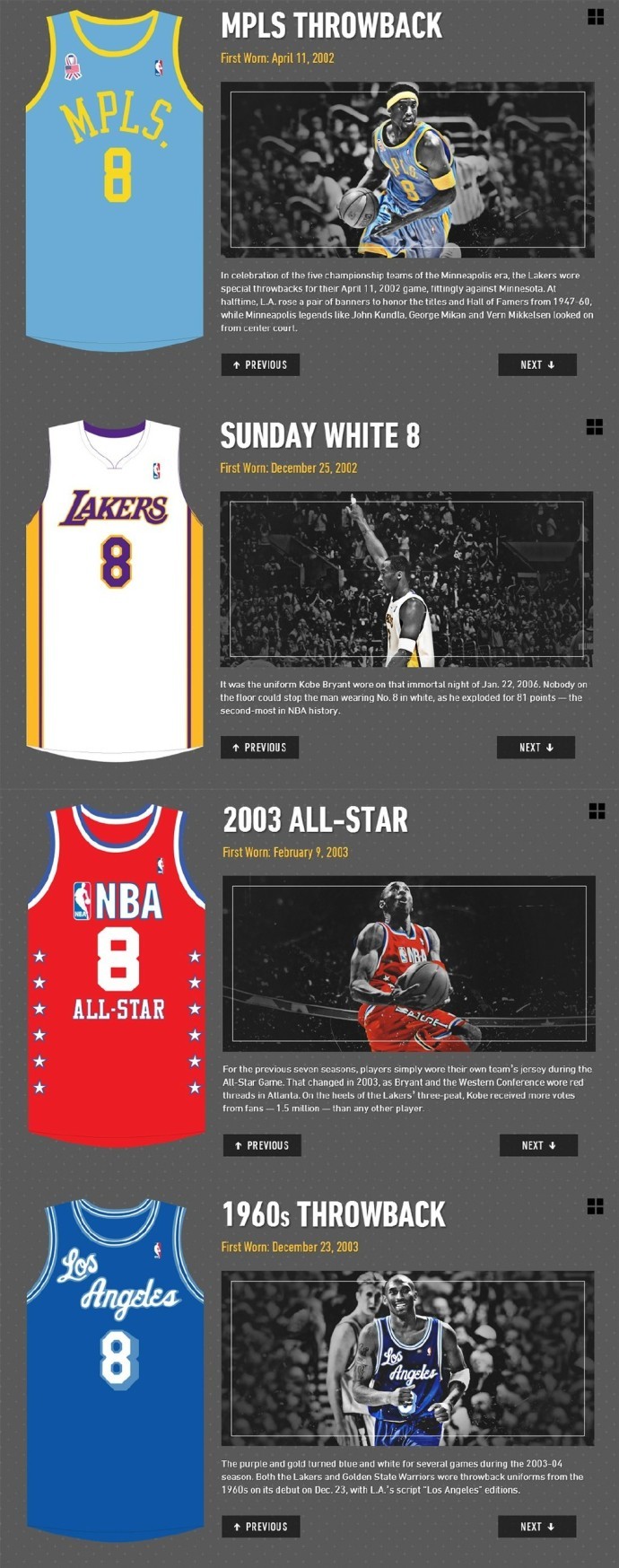 科比职业生涯36件球衣一览!