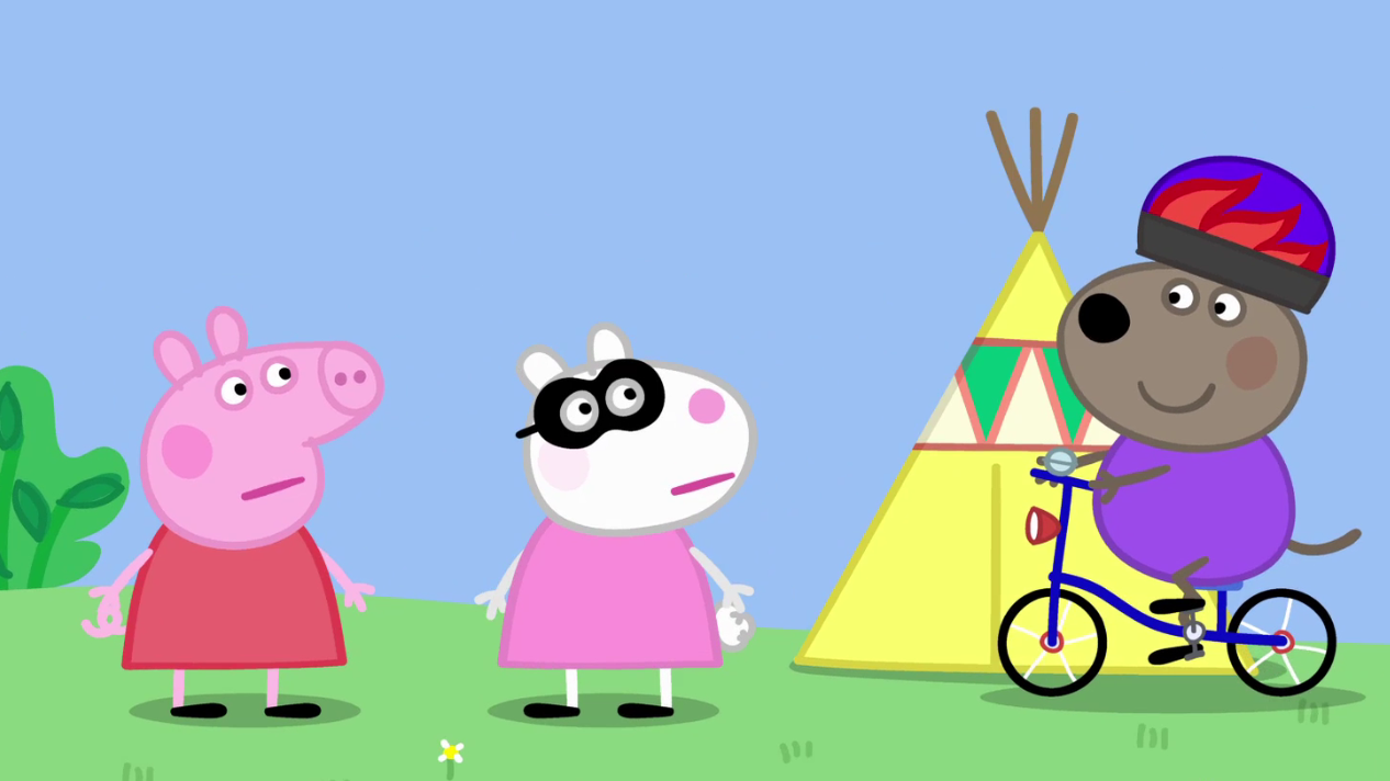 小狗丹尼骑着他的新自行车来了佩奇和苏西都非常羡慕